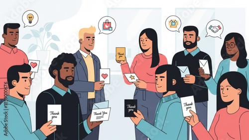 Diverse group of people exchanging thank you cards and gifts representing appreciation and gratitude in a modern office setting perfect for business and corporate concepts