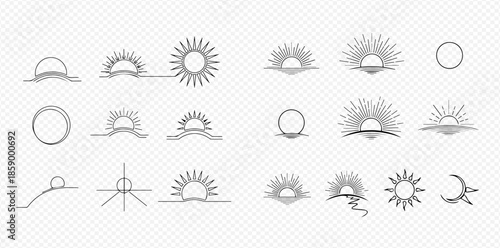 Set of sun and sunrise line art icons with rays and abstract elements on transparent background.