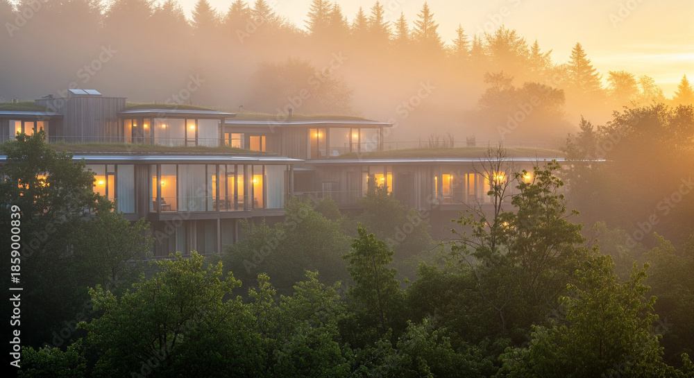 Obraz premium A contemporary multi-story building with green roofs and large glass windows is surrounded by a dense, misty forest during a golden sunrise.