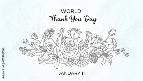 World Thank You Day floral illustration with text and date elegant line art design for greeting cards and social media posts January 11 celebration