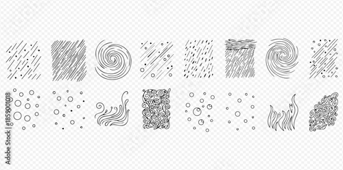 Weather and natural phenomena doodle icons set, hand drawn vector illustration of various elements.
