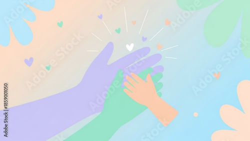 Family hands clapping together symbolizing unity and celebration with hearts and soft pastel gradient background perfect for concepts of togetherness and support