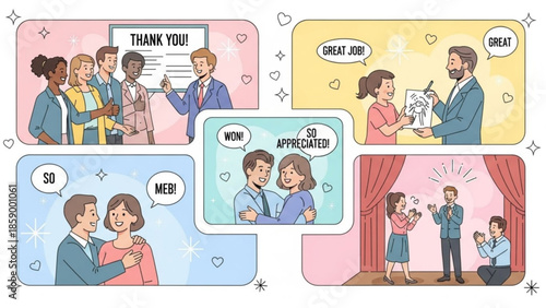 Collection of business and personal appreciation scenes illustrating recognition and gratitude in workplace and relationships flat vector illustrations