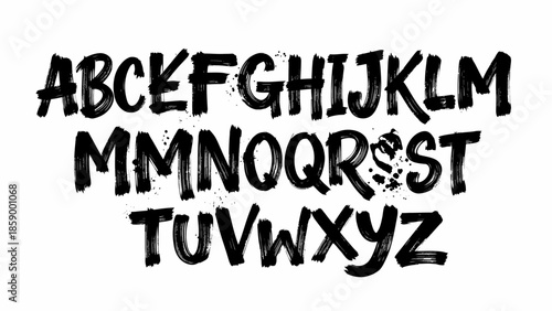 Black Grunge Alphabet Letters Painted with Paint Brush Strokes Isolated on White Background
