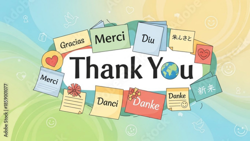 Thank You message in multiple languages surrounded by sticky notes with greetings representing global gratitude and appreciation perfect for cards and social media