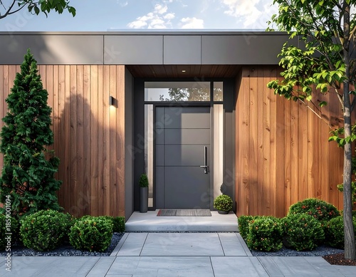 Modern architectural entrance, clean lines, wood paneling, green landscape