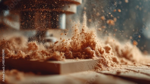 Wood milling process with lots of flying sawdust in a workshop. Great for illustrating carpentry, woodworking, or DIY projects.