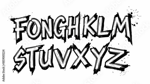 Bold and edgy display alphabet in a distressed, grungy style with ink splatters, perfect for urban, punk, or creative design projects and impactful typography