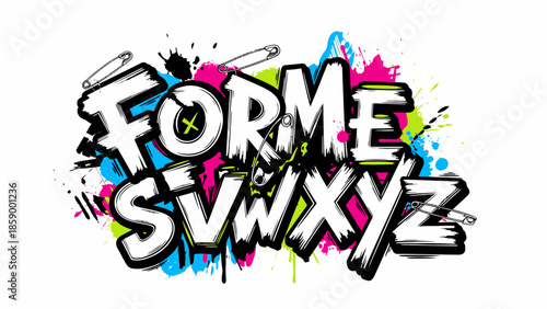 Vibrant graffiti lettering illustration exploding with dynamic paint splatters and abstract forms, showcasing bold urban art style and creative visual expression