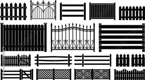 Fence and gate silhouettes collection isolated on white background, wooden metal garden barriers set, outdoor boundary icons black vector illustration