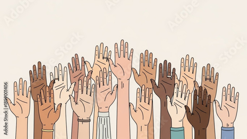 Diverse hands raised in the air representing voting participation and community illustrated in a simple flat vector style on a neutral background