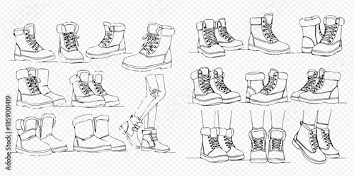 Collection of hand-drawn winter and autumn boots, including various styles like hiking, work, and casual footwear sketches.