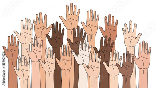 Diverse group of raised hands in various skin tones symbolizing unity community and participation isolated on white background
