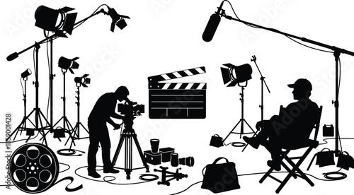 Film production studio silhouettes, with camera crew lights microphones clapperboard equipment, isolated on white background cinema video illustration vector set