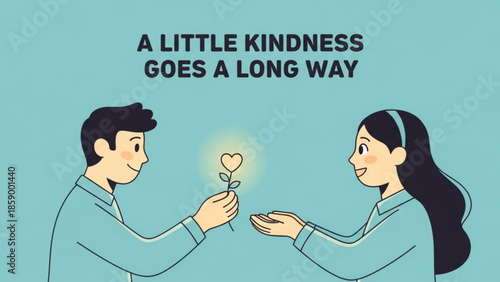 Man giving a glowing heart flower to a woman representing kindness and compassion a simple illustration for positive messages and social awareness