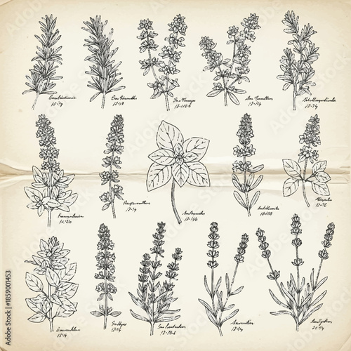 Vintage Botanical Illustrations of Various Lavender Plants and Herbs.
