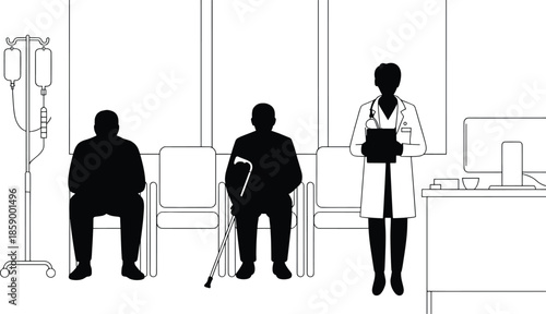 Healthcare professional and patients in a minimalist medical waiting area