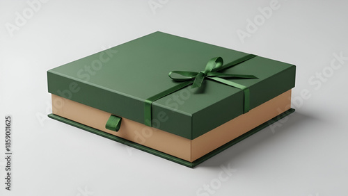An elegant deep green and tan gift box beautifully adorned with a satin ribbon hinting at a luxurious surprise for a