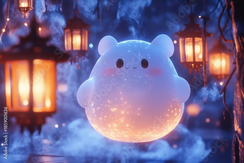Cute glowing orb bear floats among warm lanterns in a magical blue night scene