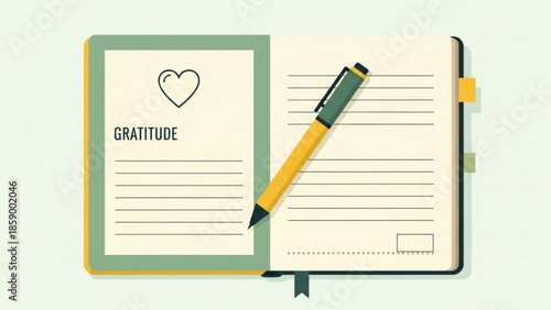 Open notebook with Gratitude written inside a heart icon and a pen representing journaling and self-reflection flat design illustration