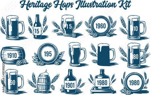 Vintage Beer Mugs Bottles Hops Illustration Kit for Brewing Designs