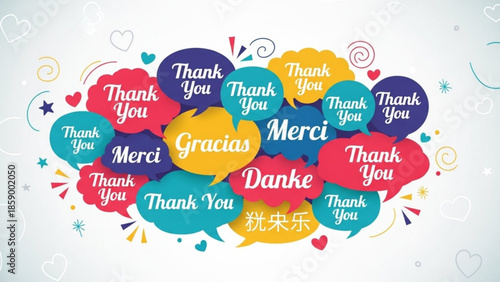 Collection of Thank You messages in speech bubbles multilingual gratitude concept vibrant flat design for greeting cards and social media
