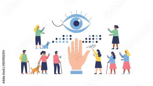 Diverse group of people interacting with a large hand and eye illustration