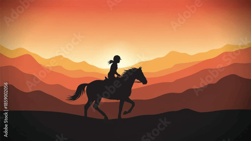 A lone rider on horseback traverses a serene mountainous landscape at sunset from a distant viewpoint.