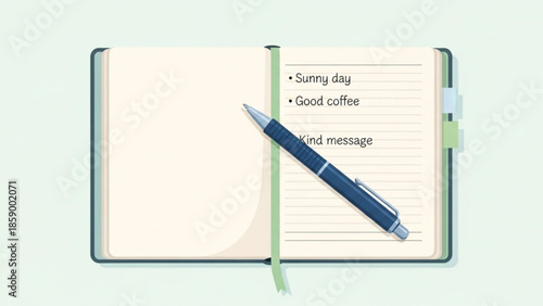 Open notebook with pen and handwritten list of positive notes concept for journaling and personal reflection clean flat vector illustration