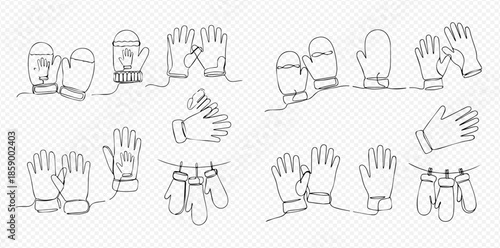 Set of continuous line drawings of various winter gloves and mittens, isolated on transparent background.