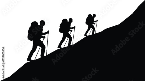 Hiking mountaineer silhouettes climbing steep mountain slope showing adventure teamwork endurance trekking outdoor exploration black vector illustration concept