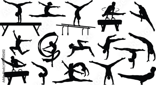 Gymnastics silhouette collection showing athletic acrobat poses, balance strength exercises and artistic movement icons isolated on white background illustration