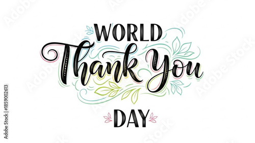 World Thank You Day lettering with floral elements a celebratory graphic for expressing gratitude and appreciation isolated on white