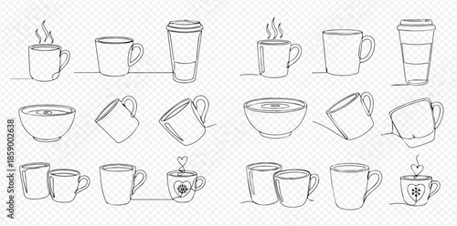 Continuous line drawing of various cups, mugs, and bowls for hot beverages and food.
