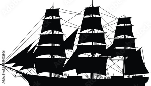 Historic tall ship silhouette with multiple sails isolated on white background, classic sailing vessel maritime history icon black vector illustration