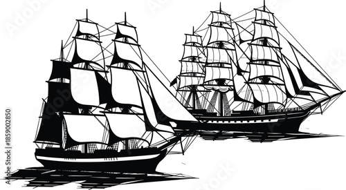 Historic sailing ships silhouette duo with tall masts and full sails, classic maritime vessels illustration isolated on white background art