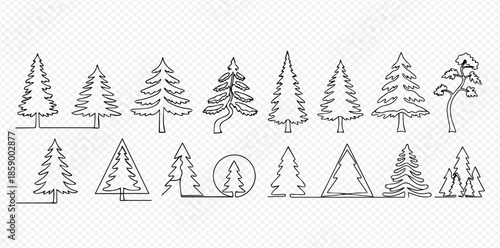 Set of various continuous line drawing pine trees, fir trees, and Christmas trees in different shapes and styles.