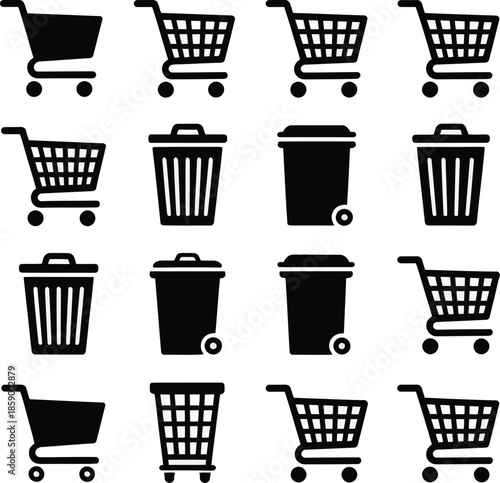 A collection of black silhouette icons representing shopping carts and trash cans