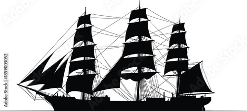 Historic tall ship silhouette with multiple sails isolated on white background, classic sailing vessel maritime history icon black vector illustration