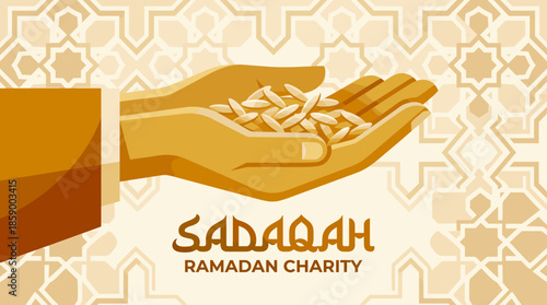 An illustration depicting hands holding rice grains, symbolizing Sadaqah and Ramadan charity, set against an Islamic geometric pattern background.