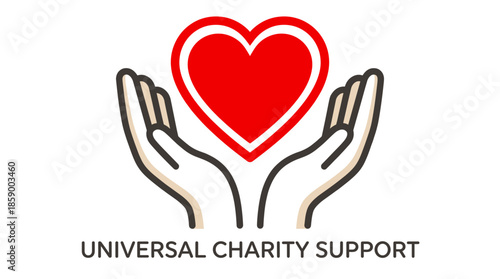 A logo featuring two hands gently holding a vibrant red heart, symbolizing universal charity and support.
