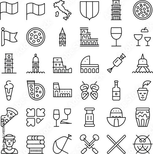 A set of line icons representing famous italian landmarks, food, and culture