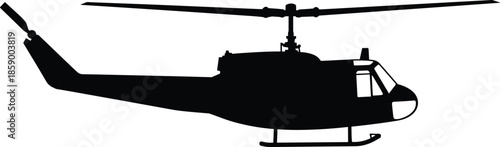 Military helicopter silhouette isolated on white background, combat aviation transport icon, armed forces aircraft illustration, tactical flight black vector design