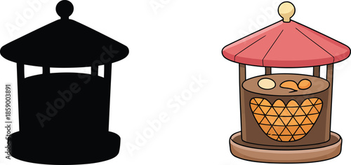 A simple cartoon illustration and silhouette of a covered well structure