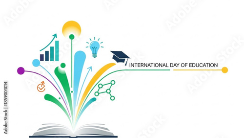 Celebrating International Day of Education with an open book radiating colorful symbols and a graduation cap