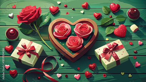 red roses and gift box