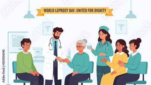 Medical professionals and patients unite on World Leprosy Day for dignity and care in a clinical setting.