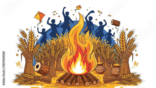 People dancing around a bonfire surrounded by wheat stalks at dusk from a high viewpoint