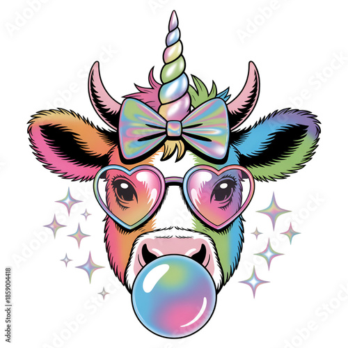 Rainbow unicorn cow with bubble gum wearing heart glasses on transparent background