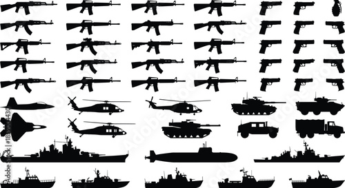 Military weapons and vehicles silhouettes set with rifles pistols tanks helicopters ships, isolated on white background illustration vector design collection